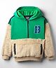 Little Kangaroos Woven Drop Shoulder Full Sleeves Hooded Sweatshirt with Patch Fur & Pockets Detailing - Green