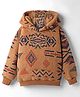 Little Kangaroos Woven Full Sleeves Hooded Fur Sweatshirt with Abstract Print - Brown
