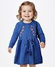 Babyoye 100% Cotton Knit Full Raglan Sleeves Woollen Dress with Floral Embroidery - Blue