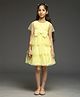 KIDSDEW Net Woven Half Sleeves Bow Applique Detailed Layered Dress - Yellow