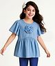Arias Cotton Denim Half Flutter Sleeves Washed Peplum Top With Bow Applique - Light Blue