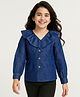Arias Cotton Woven Full Sleeves Washed Denim Top With Ruffles - Blue