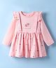 CUCUMBER Interlock Knit Full Sleeves Frock with Frills & Tropical Theme Patch - Pink
