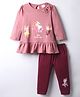 CUCUMBER Interlock Knit Full Sleeves Frock with Legging Bow Applique & Ballerina Print - Rose Gold