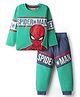 Babyhug Marvel Single Jersey Knit Full Sleeves Cut & sew T-Shirt & Jogger Set with Spider-Man Graphics - Green & Navy Blue