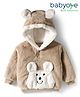 Babyoye Woven Full Sleeves Hooded Winter Jacket With Animal Embroidery & Kangaroo Pockets - Brown