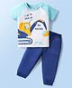 Doodle Poodle 100% Cotton Knit Half Sleeve T-Shirt & Lounge Pant Set with Vehicle Print - Navy Blue & Aqua