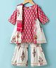 Teentaare Cotton Woven Three Fourth Sleeves Kurti Gharara Set with Dupatta & Floral Print - Dark Pink