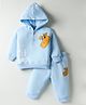 Child World Fleece Knit Full Sleeves Hooded T-Shirt & Lounge Pant Set With Animal Print - Light Blue