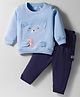 Child World Interlock Knit Full Sleeves T-Shirt and Trouser Set With Bear Applique - Blue & Navy Blue