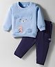 Child World Interlock Knit Full Sleeves T-Shirt and Trouser Set With Bear Applique - Blue & Navy Blue