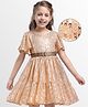 Hola Bonita Knit Half Sleeves Party Dress With Sequin Detailing & Belt - Golden