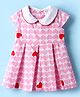 Simply Premium Cotton Woven Cap Sleeves Peter Pan Collar Frock With Heart Print - Pink