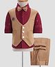 Radutu Full Sleeves Ribbed & Microphone Printed 3 Piece Party Suit With Bow Set - Maroon & Fawn