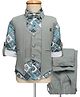 Radutu Full Sleeves Abstract Printed 3 Piece Party Suit With Bow Set - Grey & Sea Green