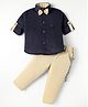 Radutu Full Sleeves Chevron Printed Shirt & Pant With Bow & Suspender Set - Navy Blue & Beige