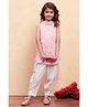 BIBA Cotton Knit Sleeveless Floral Printed Leaves Embroidered Mirror Work Detailed Kurta Pant With Dupatta Set - Pink