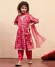 BIBA Woven Three Fourth Puffed Sleeves Bandhani Printed Gota Lace Embellished Kurta Pant With Dupatta Set - Coral Pink