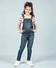tweeny mini Denim Woven Mild Washed & Distressed Dungaree With Half Sleeves Striped Tee - Dark Blue