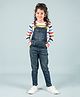 tweeny mini Denim Woven Mild Washed & Distressed Dungaree With Full Sleeves Striped Tee - Dark Blue