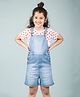 tweeny mini Denim Woven Mild Washed & Distressed Dungaree With Half Sleeves Polka Dots Printed Tee - Light Blue