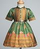 Enfance Half Sleeves Floral Printed Knee Length Pattu Pavadai Dress With Belt Set - Green