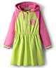 Pine Kids 100% Cotton Full Raglan Sleeves Hooded Sweatshirt Dress- Lime Green & Pink