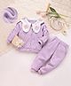 Mark & Mia Cotton Knit Full Sleeves Front Open Top and Jogger Set with Sling Bag - Lilac & White