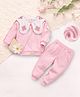 Mark & Mia Cotton Knit Full Sleeves Front Open Top and Jogger Set with Sling Bag- Pink & White