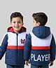 Babyhug Woven Full Sleeves Hooded Padded Jacket With Text Patch - White & Navy Blue