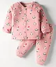 Ollypop Fleece Knit Full Sleeves Front Open Co-Ord Winter Night Suit with Penguin Print - Lily Pink