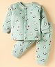 Ollypop Fleece Knit Full Sleeves Front Open Co-Ord Winter Night Suit with Penguin Print - Scuba Green