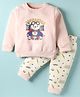 Ollypop Fleece Knit Full Sleeves Superhero Teddy Printed Winter Night Suit With Diaper Pant - Pink