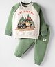 Ollypop Fleece Knit Full Length Raglan Sleeves Winter Wear Suit Set with Explorer Car Print - Ecru Melange & Light Olive