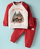 Ollypop Fleece Knit Full Length Raglan Sleeves Winter Wear Suit Set with Explorer Car Print - Ecru Melange & Ruby Red