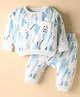 Ollypop Fleece Knit Full Sleeves Abstarct Printed Co-Ords Winter Night Suit With Diaper Pant - Light Blue & White