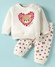Ollypop Fleece Knit Full Sleeves Hearts & Teddy Bear Printed Winter Night Suit - Cream