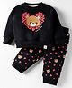 Ollypop Fleece Knit Full Sleeves Hearts & Teddy Bear Printed Winter Night Suit - Black