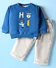Ollypop Fleece Knit Full Sleeves Winter Wear Sweatshirt & Lounge Pant Set with Animal Embroidery & Checks - Blue