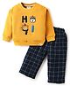 Ollypop Fleece Knit Full Sleeves Winter Wear Sweatshirt & Lounge Pant Set with Animal Embroidery & Checks - Yellow