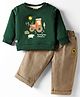 Ollypop Cotton Knit Full Sleeves T-Shirt & Pant Set with Tractor Print - New Dark Forest Green & Light Brown