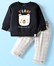 Ollypop Cotton Knit Full Sleeves T-Shirt & Checked Pant Set with Teddy Print - Navy Blue & Offwhite
