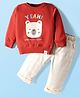 Ollypop Cotton Knit Full Sleeves T-Shirt & Checked Pant Set with Teddy Print - Ruby Red & Offwhite