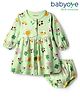 Babyoye 100% Cotton Knit Full Sleeves Front Open Floral Printed Frock With Bloomers - Green