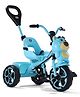 Teddy Face Plug & Play Tricycle with Parental Push Handle - Blue| Foldable Footrest| Safety Harness| Light & Music| Storage Basket| Anti-slip Pedals| Comfortable Seat with Backrest