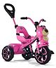 Teddy Face Plug & Play Tricycle with Parental Push Handle - Pink| Foldable Footrest| Safety Harness| Light & Music| Storage Basket| Anti-slip Pedals| Comfortable Seat with Backrest