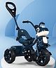 Dino Face Plug & Play Tricycle with Parental Push Handle - Blue| Foldable Footrest| Safety Harness| Light & Music| Storage Basket| Anti-slip Pedals| Comfortable Seat with Backrest| Smooth Wheels