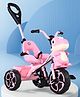Dino Face Plug & Play Tricycle with Parental Push Handle - Pink| Foldable Footrest| Safety Harness| Light & Music| Storage Basket| Anti-slip Pedals| Comfortable Seat with Backrest| Smooth Wheels