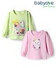 Babyoye 100% Cotton Knit With Eco Jiva Finish Full Sleeves T-Shirts with Kitty & Floral Print Pack of 2 - Light Green & Pink