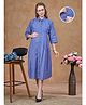 Lovely Mom's Oxford Woven Three Fourth Sleeves Solid Shirt Style Maternity Dress With Nursing Access - Blue